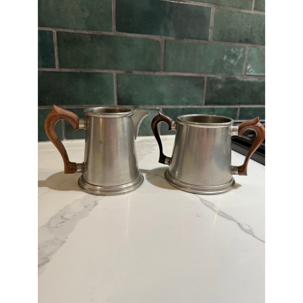 Vintage Stieff Pewter with Wood Handle Creamer and Sugar Bowl Set